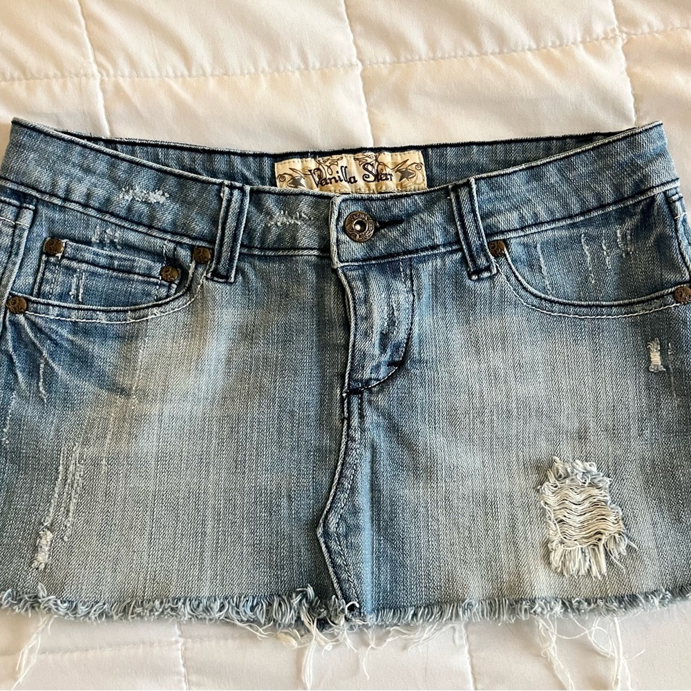 Vanilla Star Light Blue Distressed Denim Mini Skirt